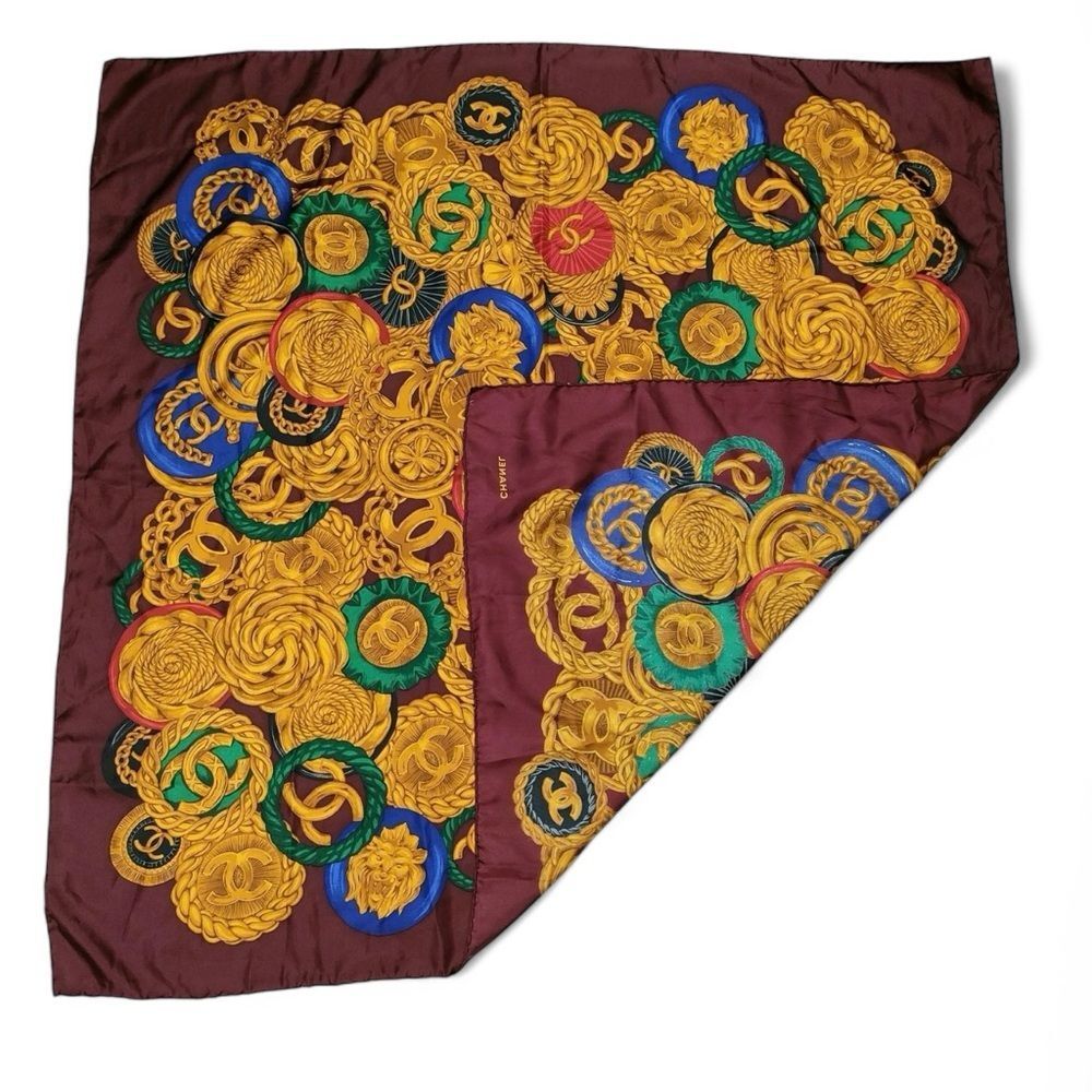CHANEL Burgundy & Gold CC Logo Jewelry Motif Silk Scarf - Picture 5 of 8